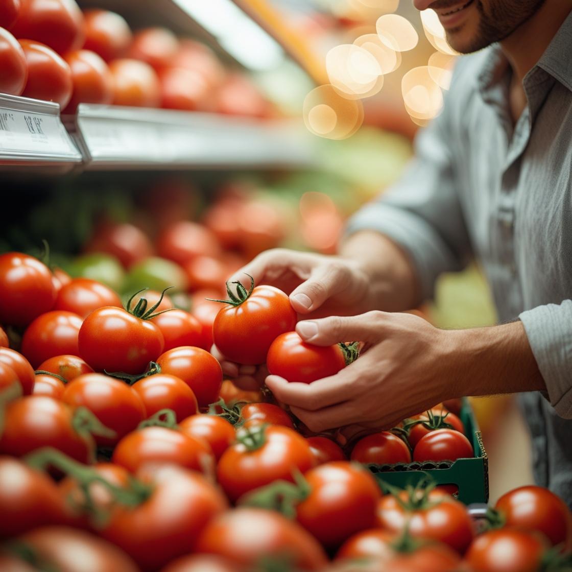 Dos personas (una mujer y un hombre) escogiendo tomates en supermercado